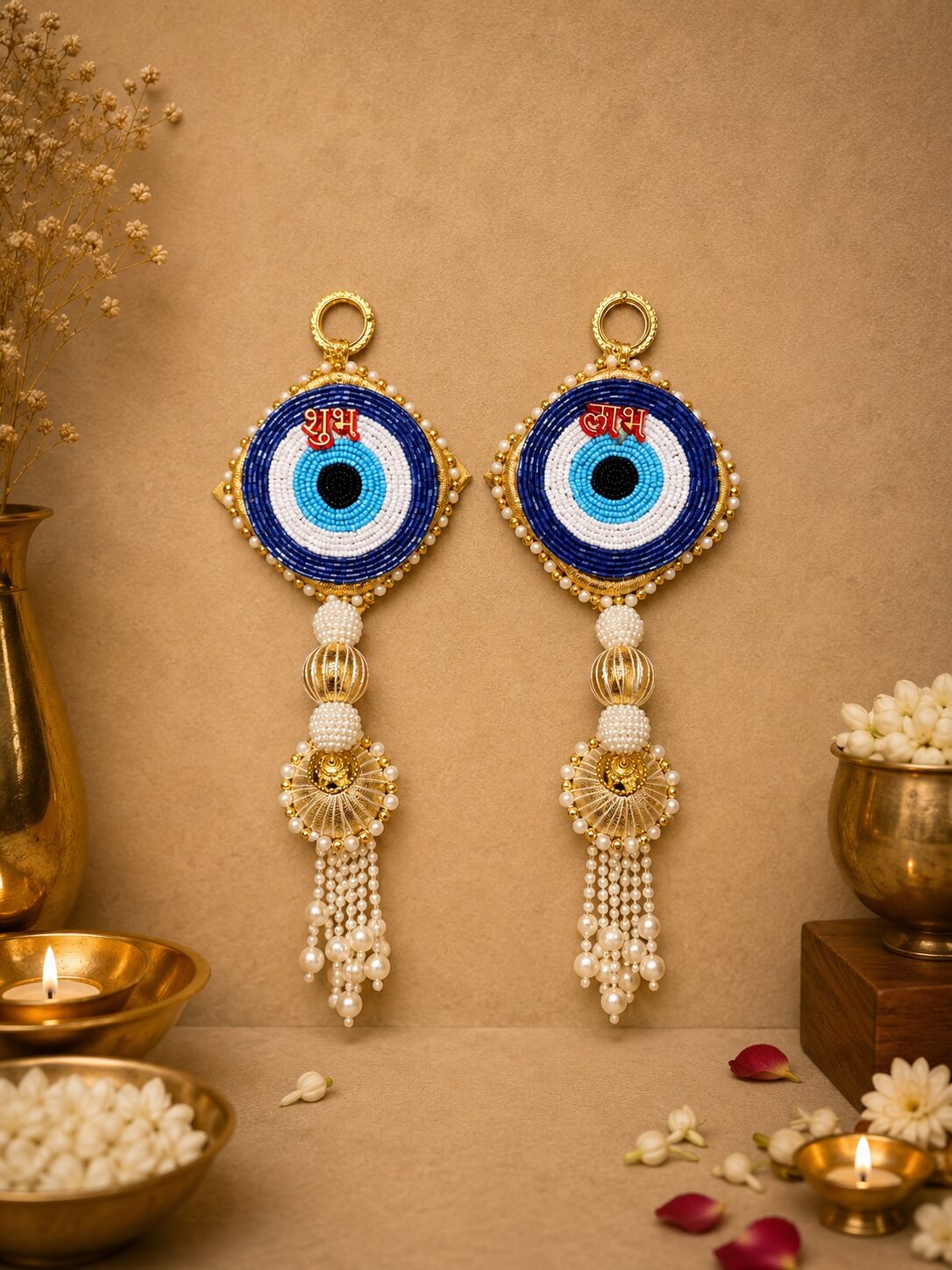 Handcrafted Evil Eye Shubh Labh Decorative Wall Hanging | Nazar Protection Door Hanging with Pearl Tassels – SL02