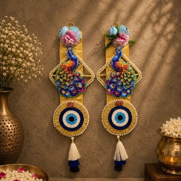 Handmade Peacock Evil Eye Shubh Labh Wall Hanging | Decorative Auspicious Door Hanging for Home Entrance, Diwali & Housewarming - SL10