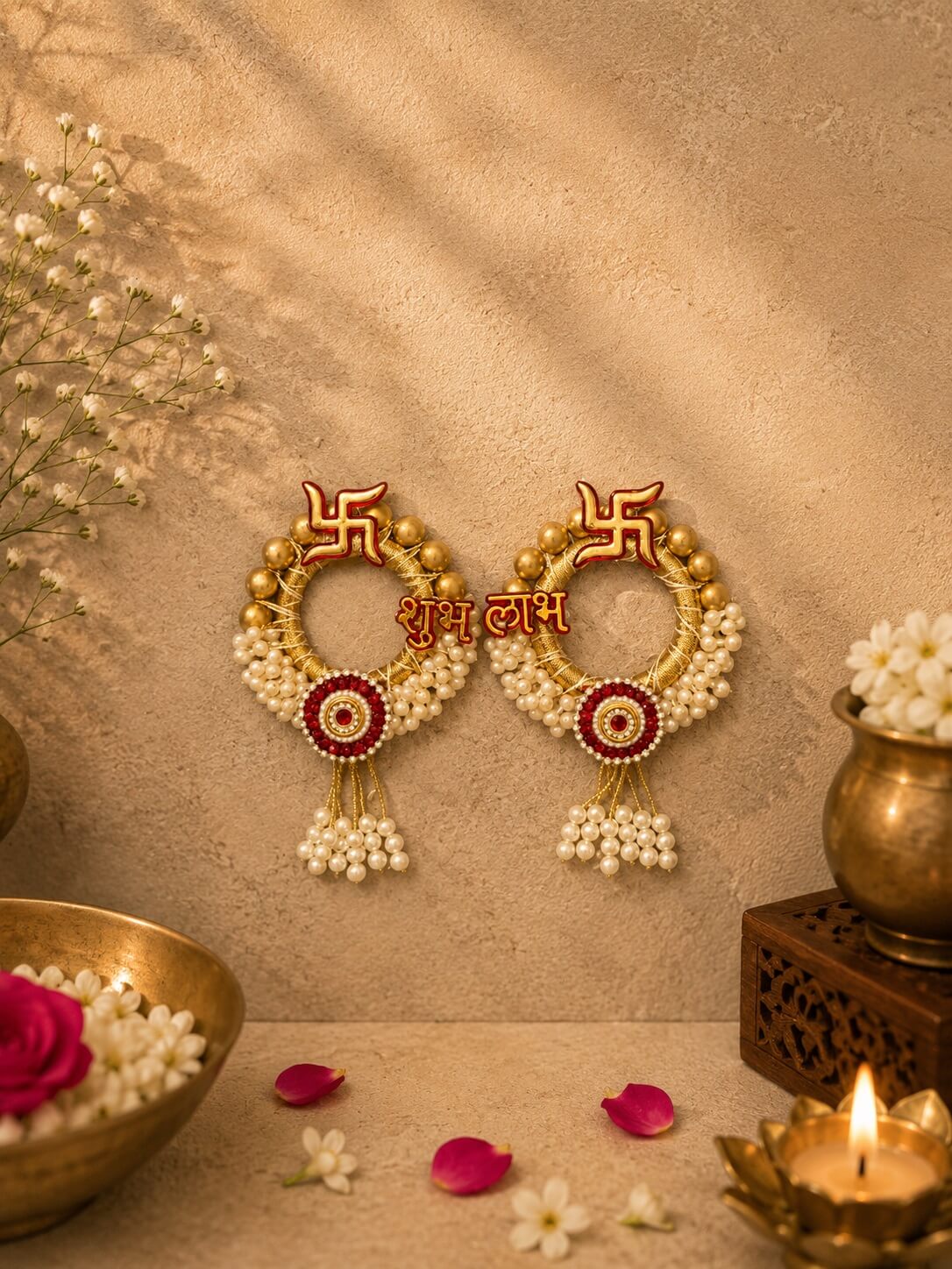 Handmade Pearl Shubh Labh Swastik Wall Hanging | Auspicious Decorative Door Hanging for Home Entrance, Diwali & Housewarming – SL11