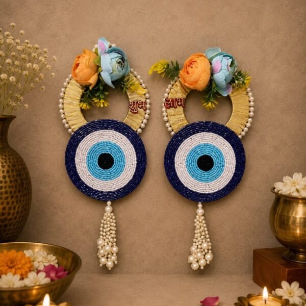 Handmade Evil Eye Shubh Labh Floral Wall Hanging | Decorative Nazar Protection Door Hanging for Home Entrance, Diwali & Housewarming - SL12