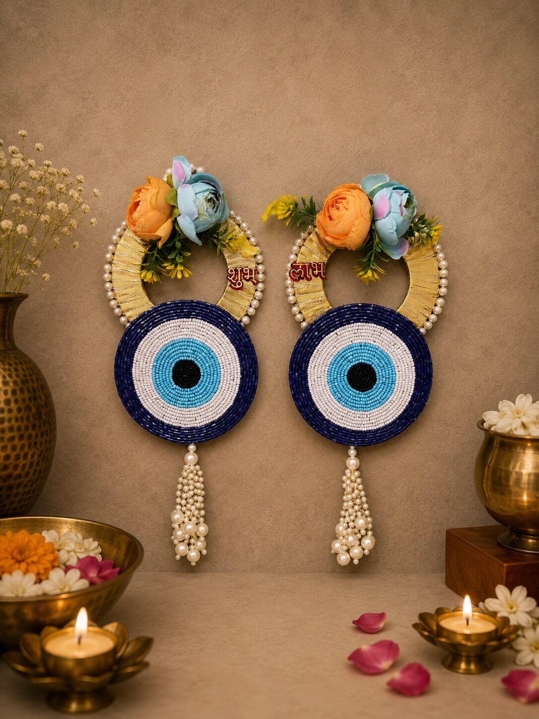 Handmade Evil Eye Shubh Labh Floral Wall Hanging | Decorative Nazar Protection Door Hanging for Home Entrance, Diwali & Housewarming – SL12