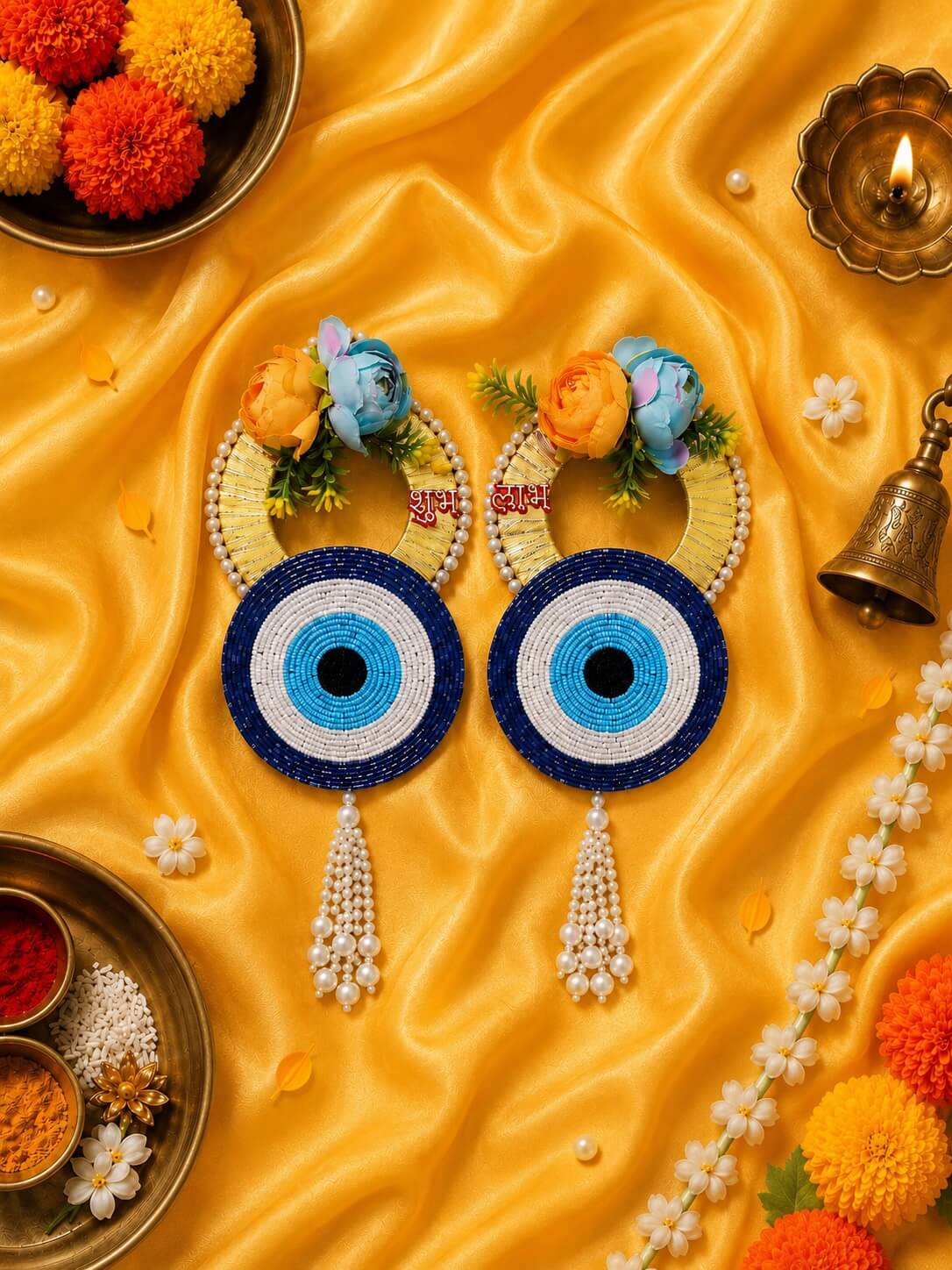 Handmade Evil Eye Shubh Labh Floral Wall Hanging | Decorative Nazar Protection Door Hanging for Home Entrance, Diwali & Housewarming - SL12 - Image 2