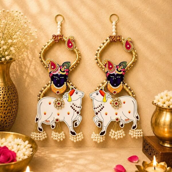 Handmade Shubh Labh Krishna & Kamdhenu Cow Decorative Wall Hanging for Home Entrance, Pooja Room & Festive Décor - SL13