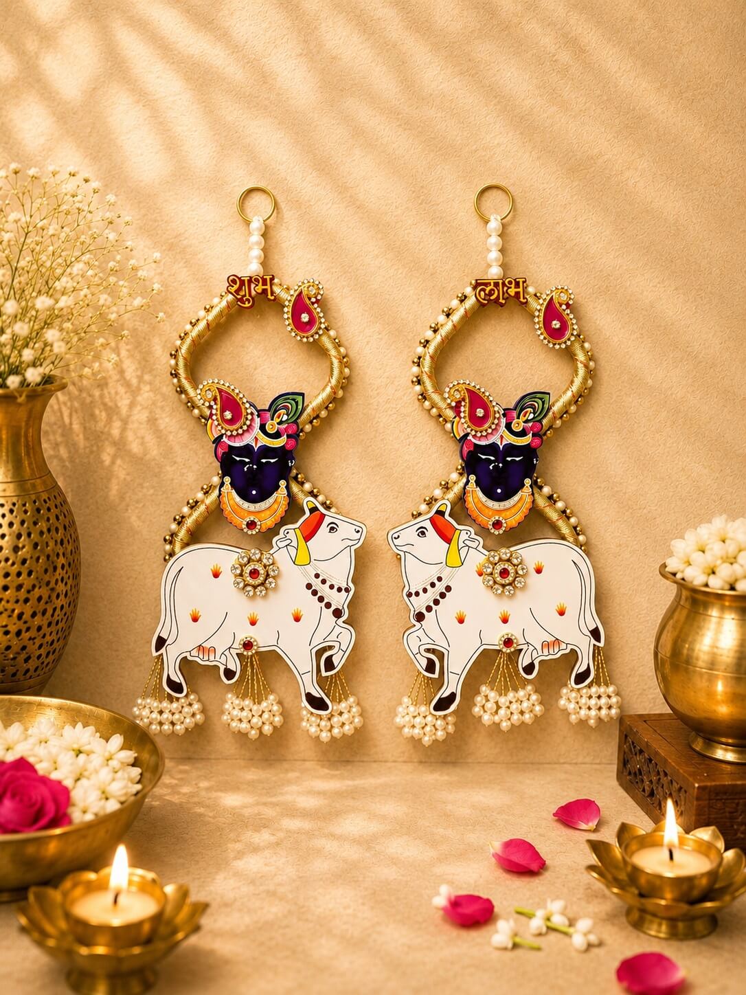 Handmade Shubh Labh Krishna & Kamdhenu Cow Decorative Wall Hanging for Home Entrance, Pooja Room & Festive Décor – SL13