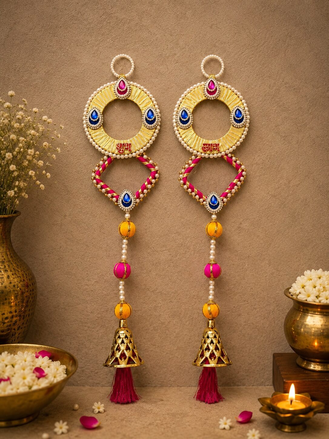 Handmade Shubh Labh Decorative Wall Hanging with Traditional Bell Tassel & Pearl Work | Auspicious Door Hanging for Home Entrance, Diwali & Housewarming – SL14