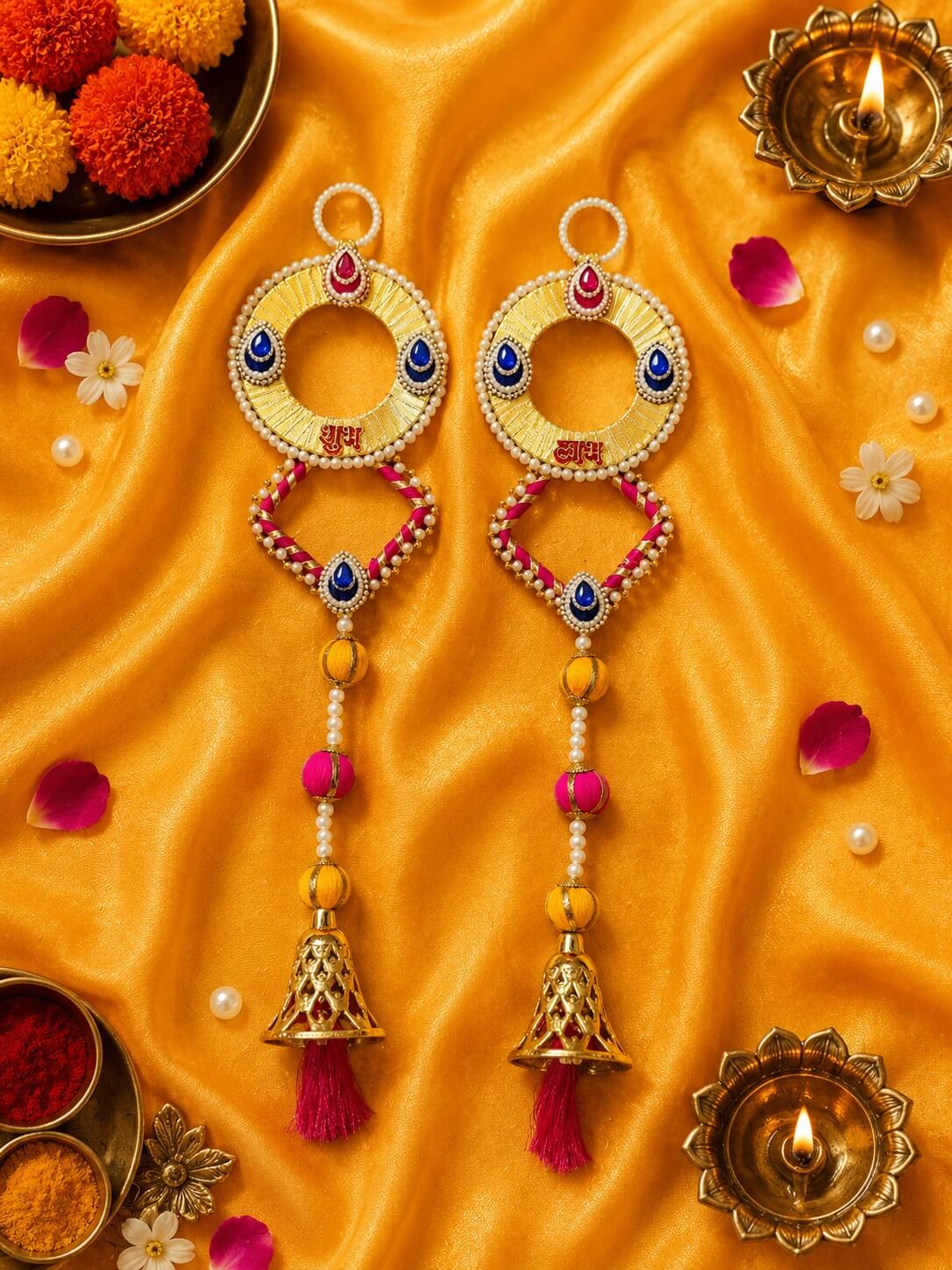 Handmade Shubh Labh Decorative Wall Hanging with Traditional Bell Tassel & Pearl Work | Auspicious Door Hanging for Home Entrance, Diwali & Housewarming - SL14 - Image 2