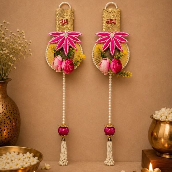 Handmade Floral Shubh Labh Decorative Wall Hanging with Pearl Tassel | Traditional Main Door Hanging for Home Entrance, Pooja Room & Diwali Décor - SL15