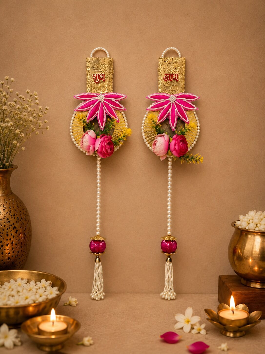 Handmade Floral Shubh Labh Decorative Wall Hanging with Pearl Tassel | Traditional Main Door Hanging for Home Entrance, Pooja Room & Diwali Décor – SL15