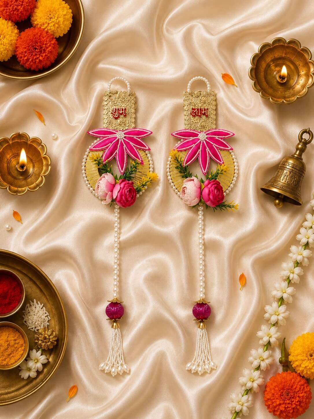 Handmade Floral Shubh Labh Decorative Wall Hanging with Pearl Tassel | Traditional Main Door Hanging for Home Entrance, Pooja Room & Diwali Décor - SL15 - Image 2