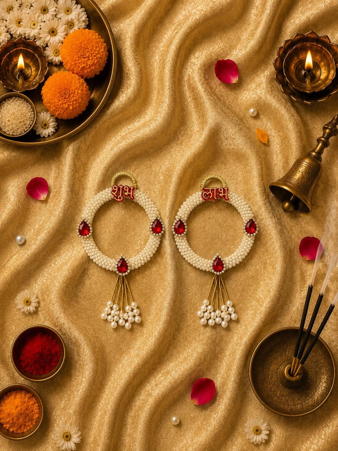 Shubh Labh Pearl Beaded Decorative Wall Hanging for Main Door | Handmade Auspicious Home Entrance Decor with Red Kundan Stones | Traditional Festive Wall Decor - SL16 - Image 2