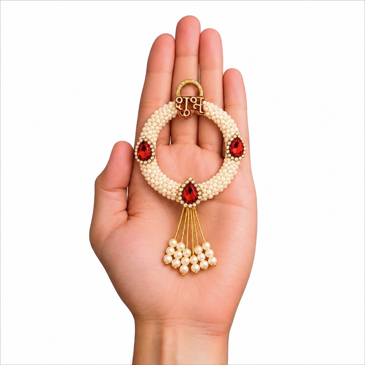 Shubh Labh Pearl Beaded Decorative Wall Hanging for Main Door | Handmade Auspicious Home Entrance Decor with Red Kundan Stones | Traditional Festive Wall Decor - SL16 - Image 3
