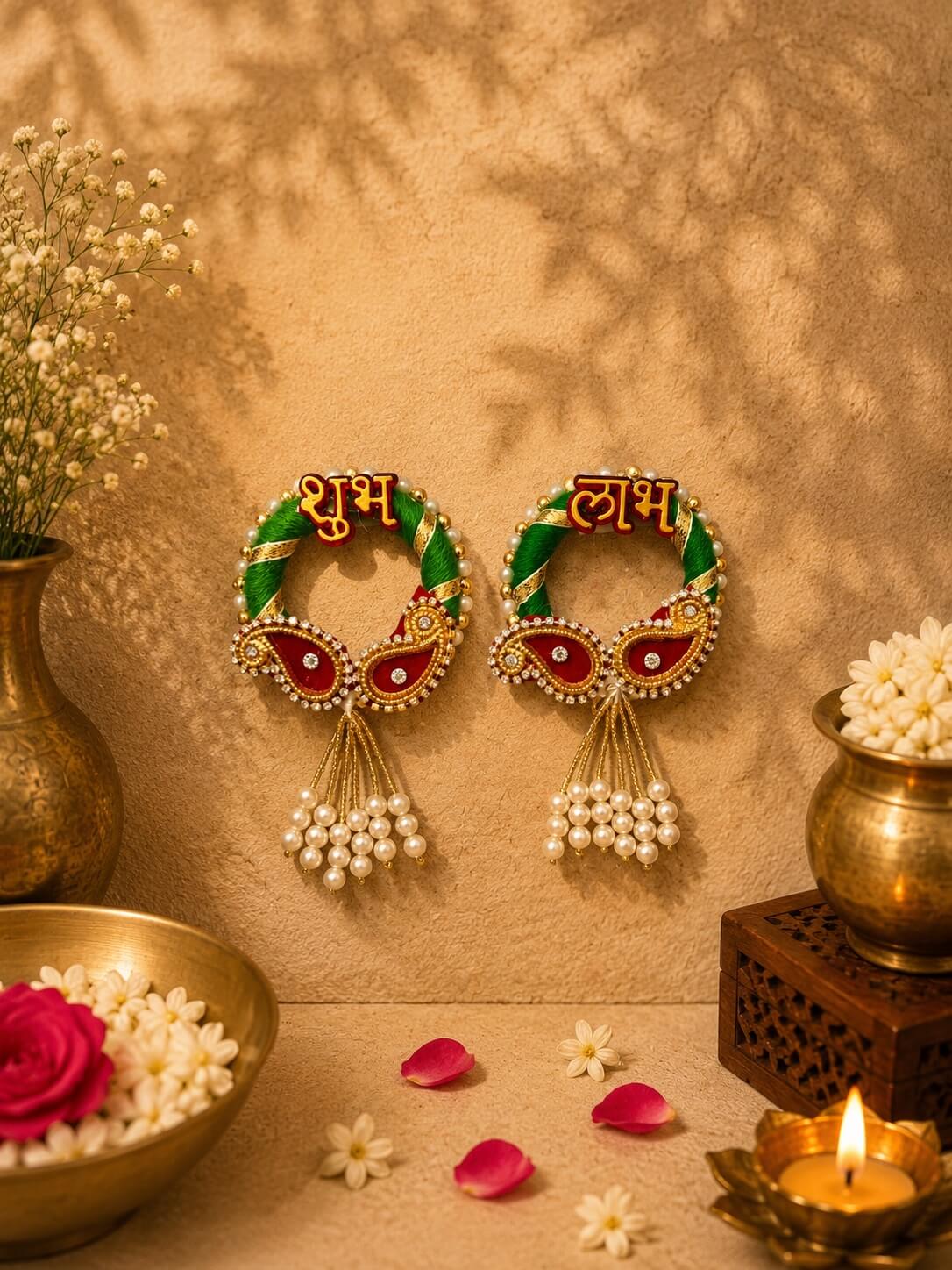 Handmade Shubh Labh Diya Wall Hanging for Main Door | Green Pearl Beaded Decorative Door Hanging | Traditional Festive Home Decor – SL17