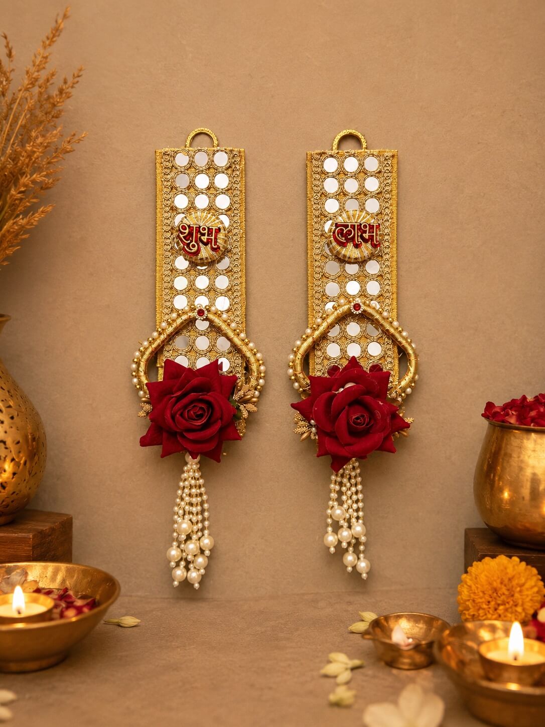 Handcrafted Shubh Labh Floral Mirror Decorative Wall Hanging | Premium Door & Entrance Decor with Pearl Tassels – SL05