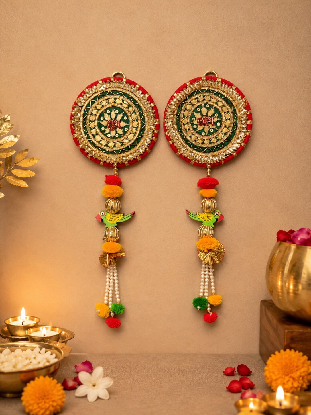 Handcrafted Shubh Labh Round Decorative Wall Hanging | Traditional Mandala Door Decor with Parrot Charms – SL06