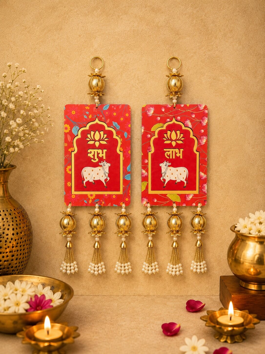Handcrafted Shubh Labh Decorative Wall Hanging with Kamdhenu Cow Design | Traditional Festive Door Decor – SL07