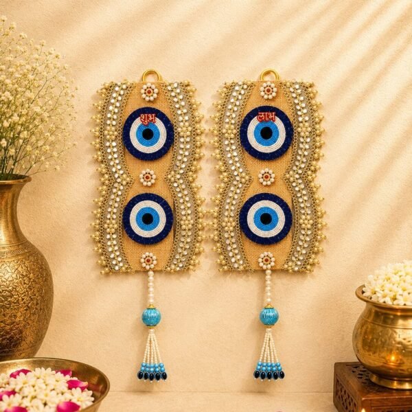 Handcrafted Double Evil Eye Shubh Labh Decorative Wall Hanging | Premium Nazar Protection Door Decor with Pearl Tassels - SL03