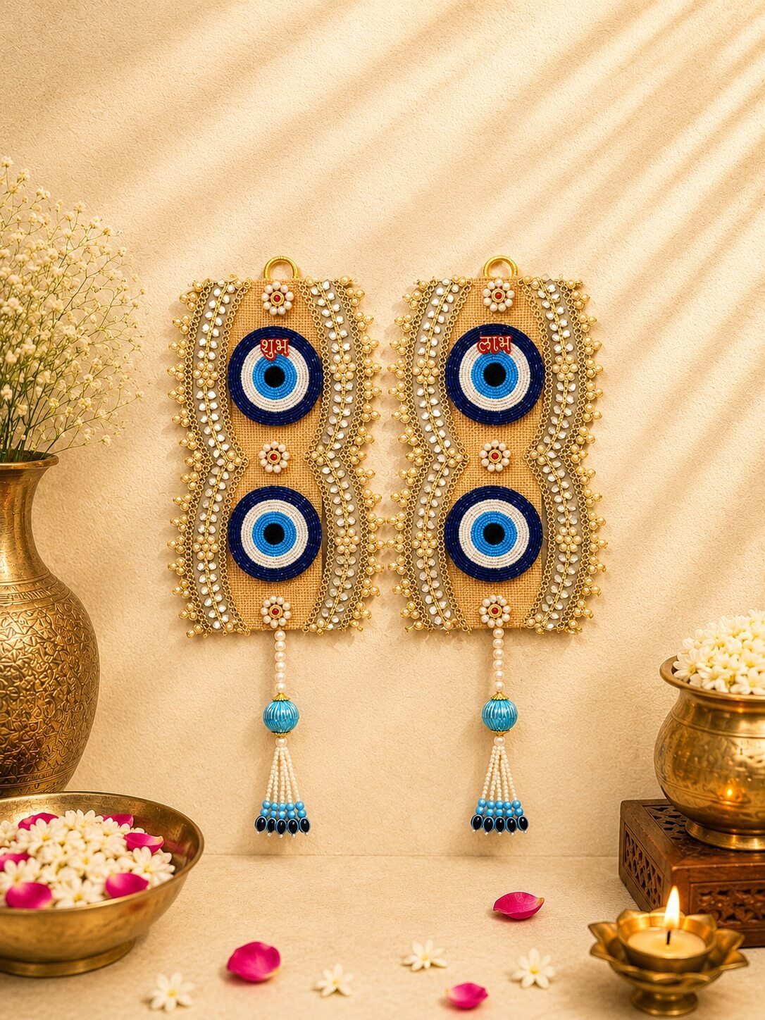 Handcrafted Double Evil Eye Shubh Labh Decorative Wall Hanging | Premium Nazar Protection Door Decor with Pearl Tassels – SL03