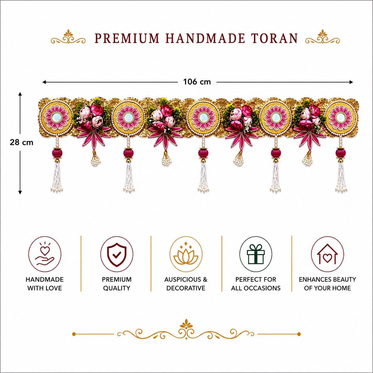 Premium Handmade Floral Bandhanwar Toran for Main Door | Decorative Door Hanging with Mirror Work & Pink Flower Design | Festive Wall Hanging (106 x 28 cm) - BW05 - Image 6
