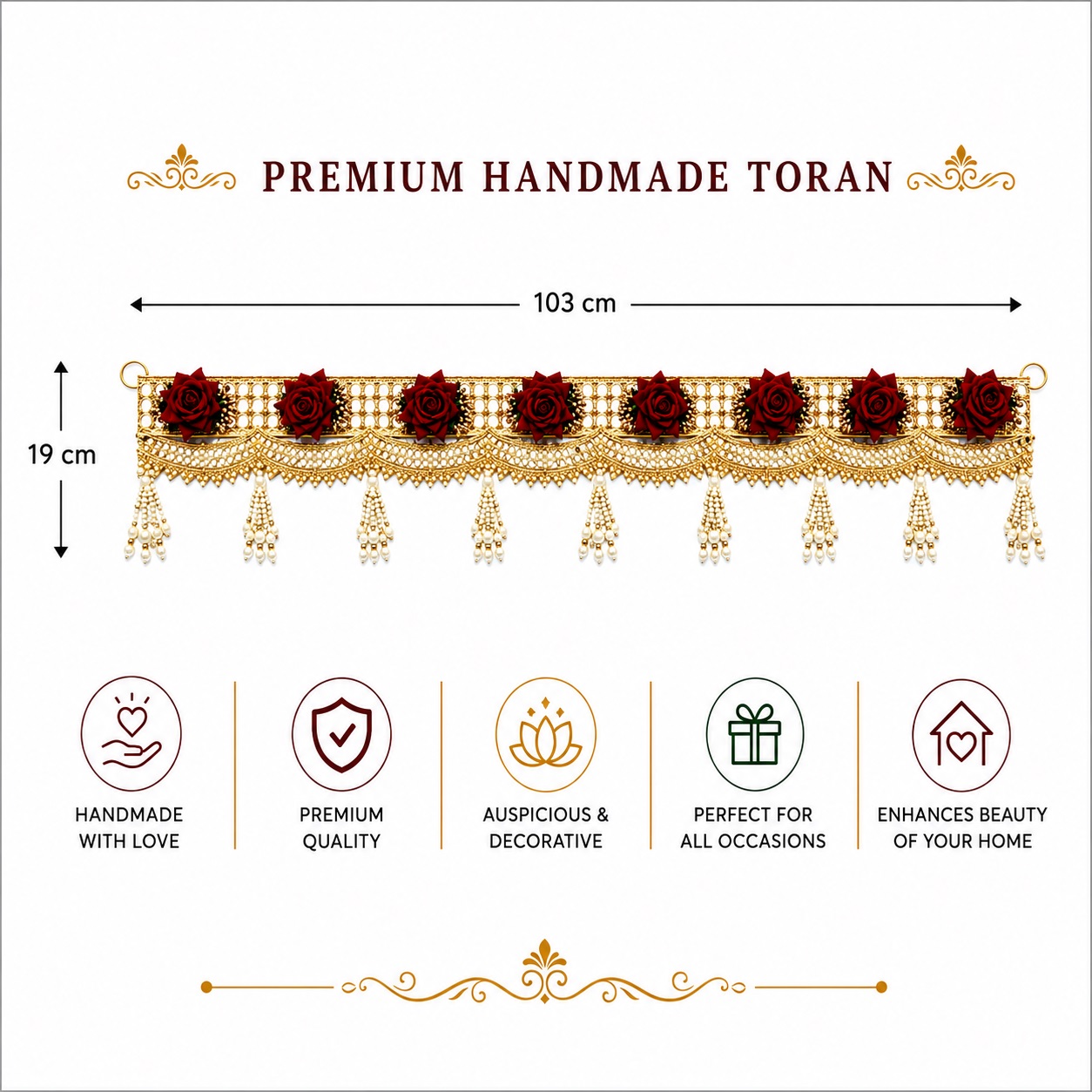 Premium Handmade Red Rose Pearl Bandhanwar Toran for Main Door Entrance | Luxury Floral Door Hanging | Festive Home Wall Decor (103 x 19 cm) - BW09 - Image 6