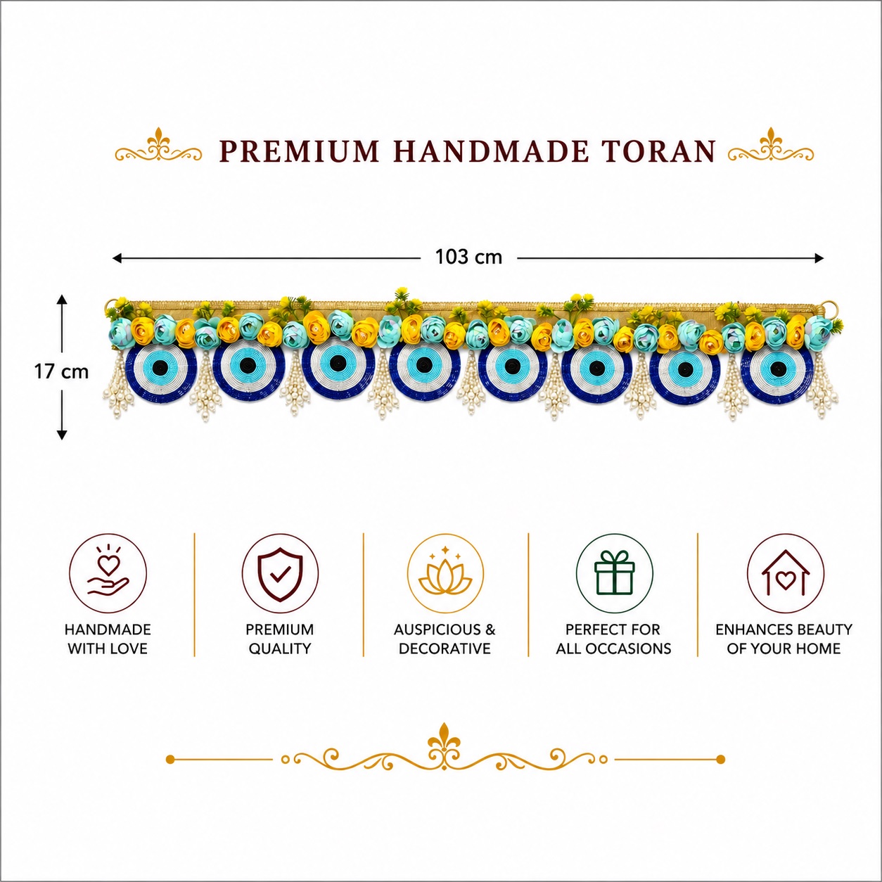 Handmade Evil Eye Bandhanwar Toran with Blue & Gold Floral Design | Decorative Door Hanging for Home Entrance, Diwali, Housewarming & Festive Decor (103 x 17 cm) - BW08 - Image 5