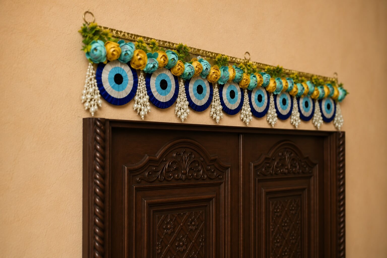Handmade Evil Eye Bandhanwar Toran with Blue & Gold Floral Design | Decorative Door Hanging for Home Entrance, Diwali, Housewarming & Festive Decor (103 x 17 cm) - BW08 - Image 2