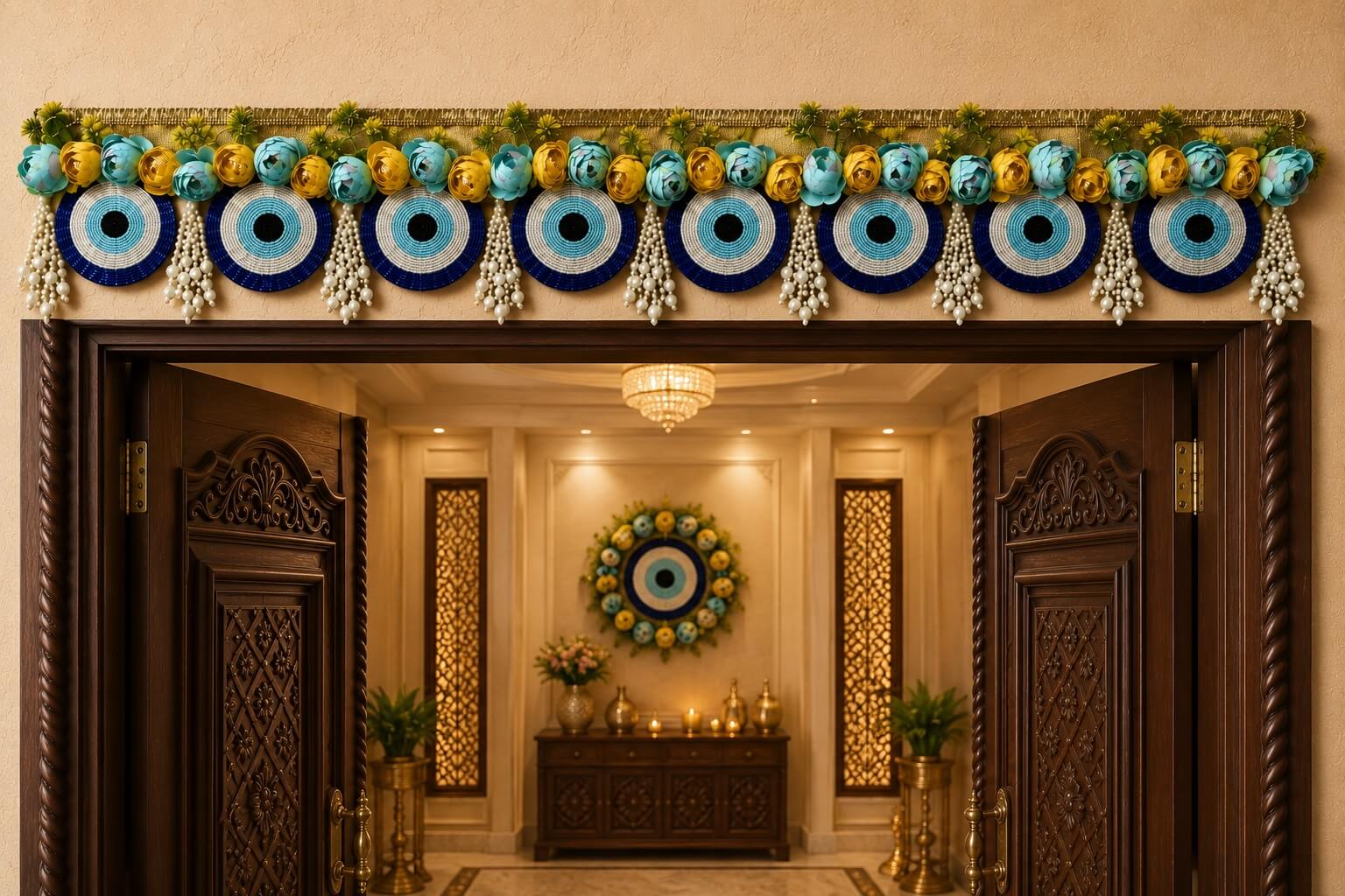 Handmade Evil Eye Bandhanwar Toran with Blue & Gold Floral Design | Decorative Door Hanging for Home Entrance, Diwali, Housewarming & Festive Decor (103 x 17 cm) - BW08 - Image 3