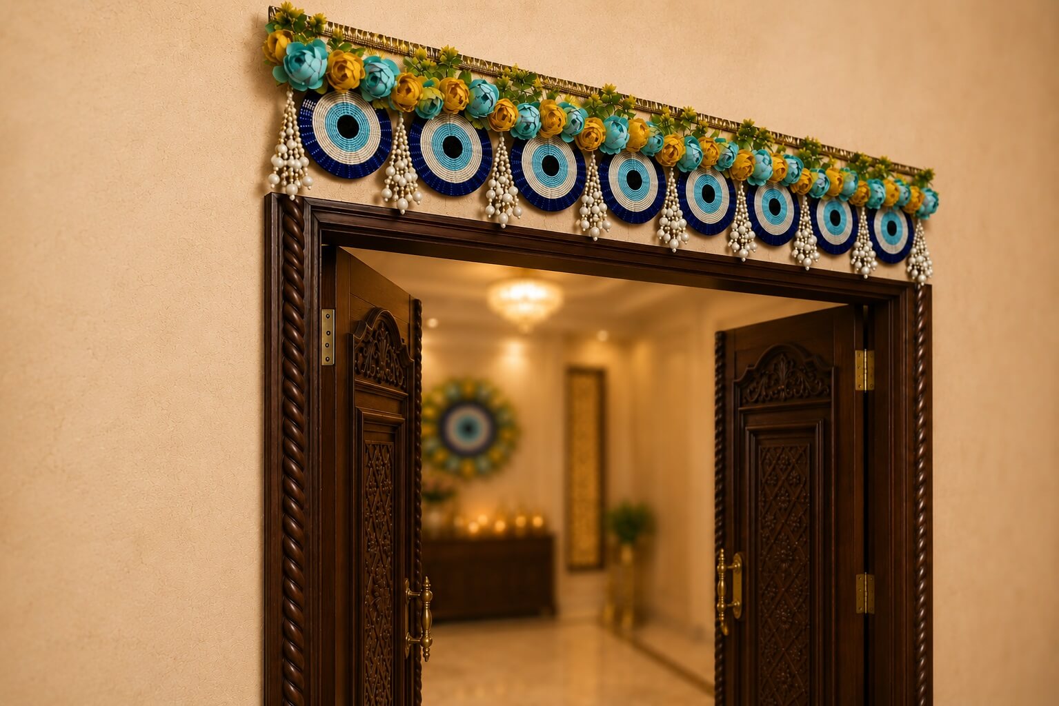 Handmade Evil Eye Bandhanwar Toran with Blue & Gold Floral Design | Decorative Door Hanging for Home Entrance, Diwali, Housewarming & Festive Decor (103 x 17 cm) - BW08 - Image 4