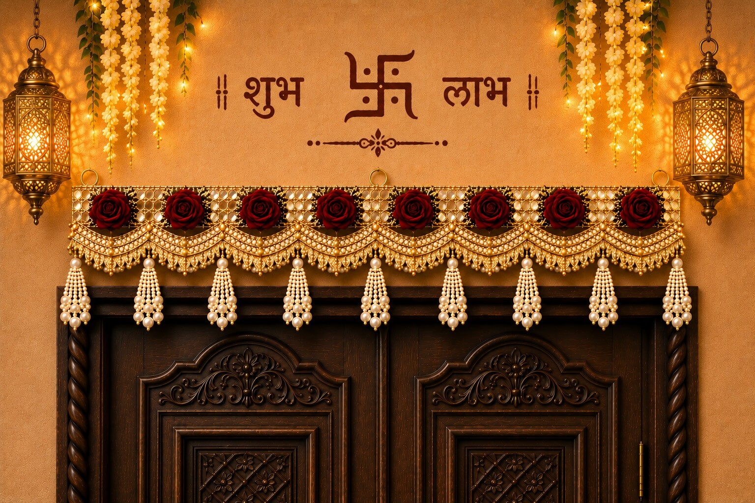 Premium Handmade Red Rose Pearl Bandhanwar Toran for Main Door Entrance | Luxury Floral Door Hanging | Festive Home Wall Decor (103 x 19 cm) - BW09 - Image 2