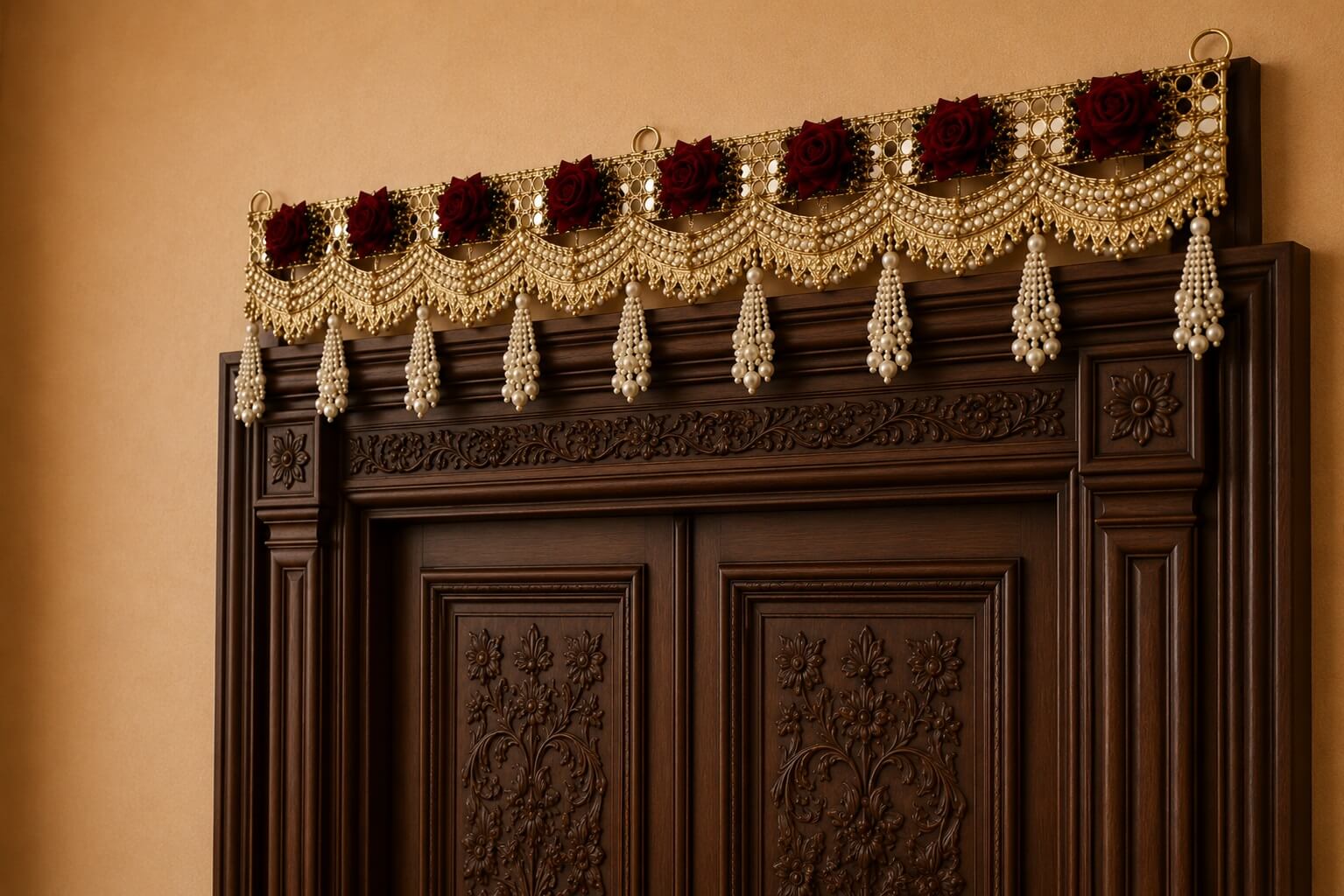 Premium Handmade Red Rose Pearl Bandhanwar Toran for Main Door Entrance | Luxury Floral Door Hanging | Festive Home Wall Decor (103 x 19 cm) - BW09 - Image 3