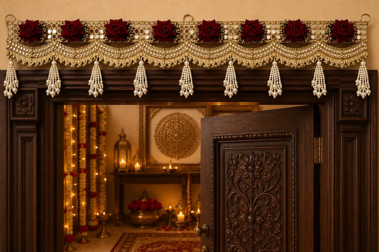 Premium Handmade Red Rose Pearl Bandhanwar Toran for Main Door Entrance | Luxury Floral Door Hanging | Festive Home Wall Decor (103 x 19 cm) - BW09 - Image 4