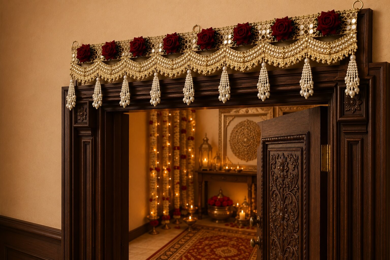 Premium Handmade Red Rose Pearl Bandhanwar Toran for Main Door Entrance | Luxury Floral Door Hanging | Festive Home Wall Decor (103 x 19 cm) - BW09 - Image 5