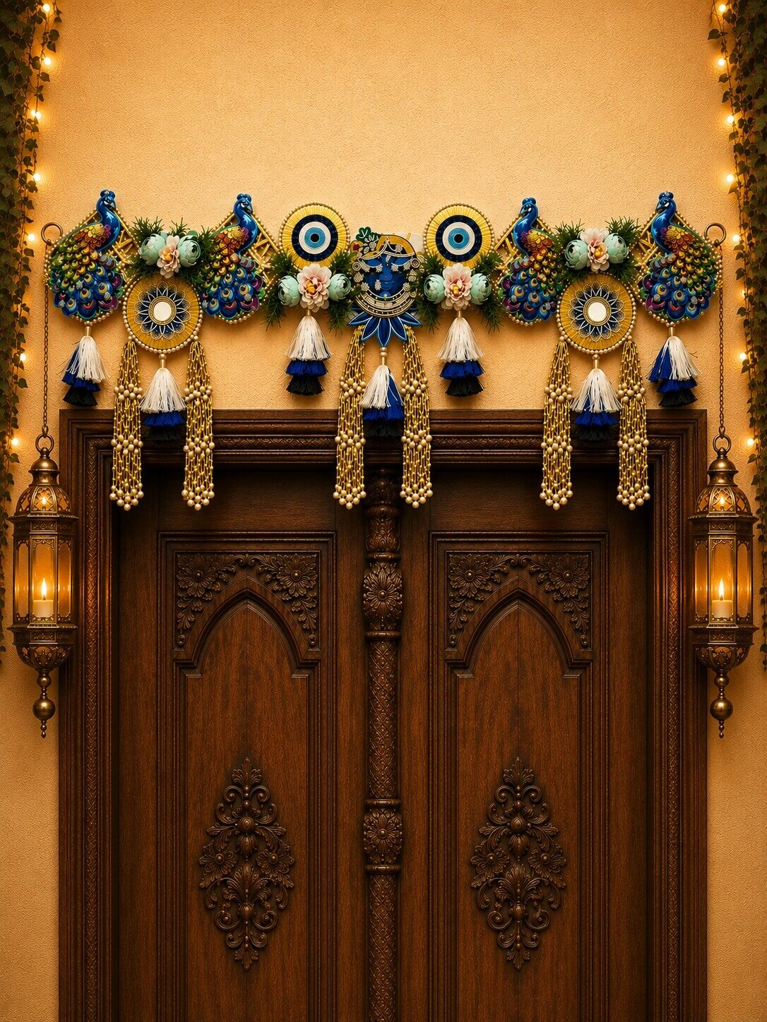Premium Handmade Peacock Krishna Bandhanwar Toran with Evil Eye | Decorative Door Hanging for Home Entrance, Pooja Room & Festivals (103 x 41 cm) – BW07