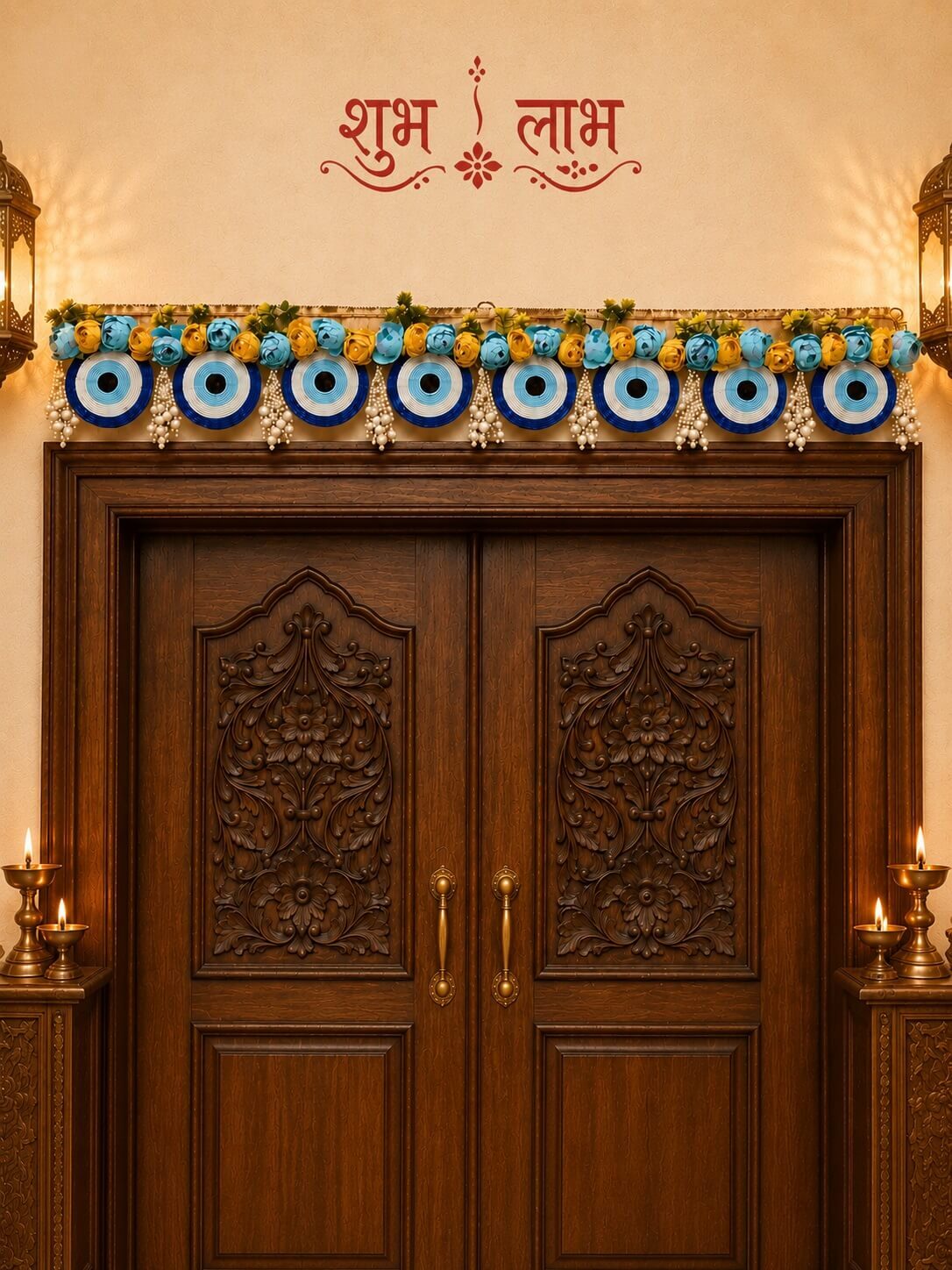 Handmade Evil Eye Bandhanwar Toran with Blue & Gold Floral Design | Decorative Door Hanging for Home Entrance, Diwali, Housewarming & Festive Decor (103 x 17 cm) – BW08