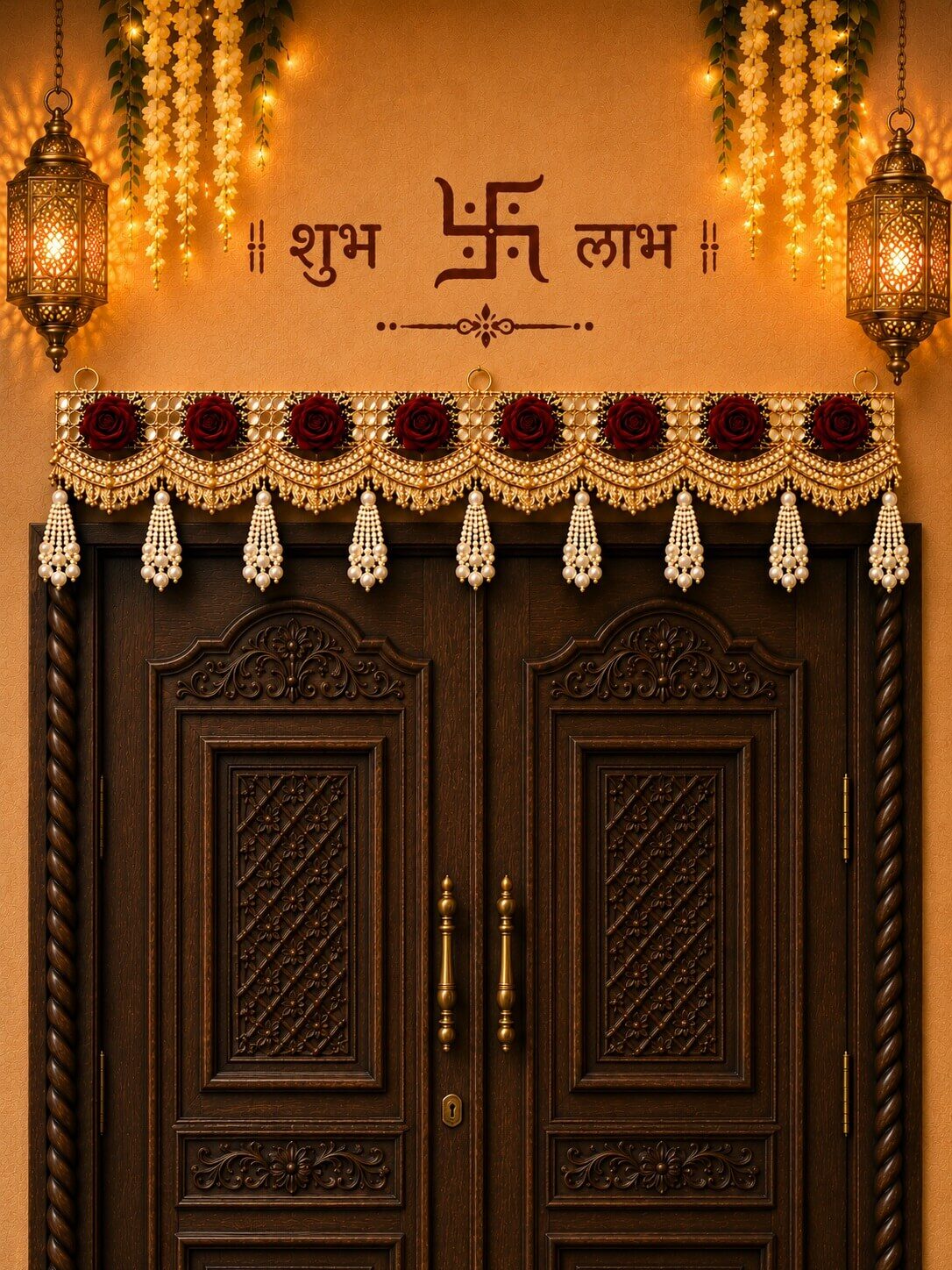 Premium Handmade Red Rose Pearl Bandhanwar Toran for Main Door Entrance | Luxury Floral Door Hanging | Festive Home Wall Decor (103 x 19 cm) – BW09