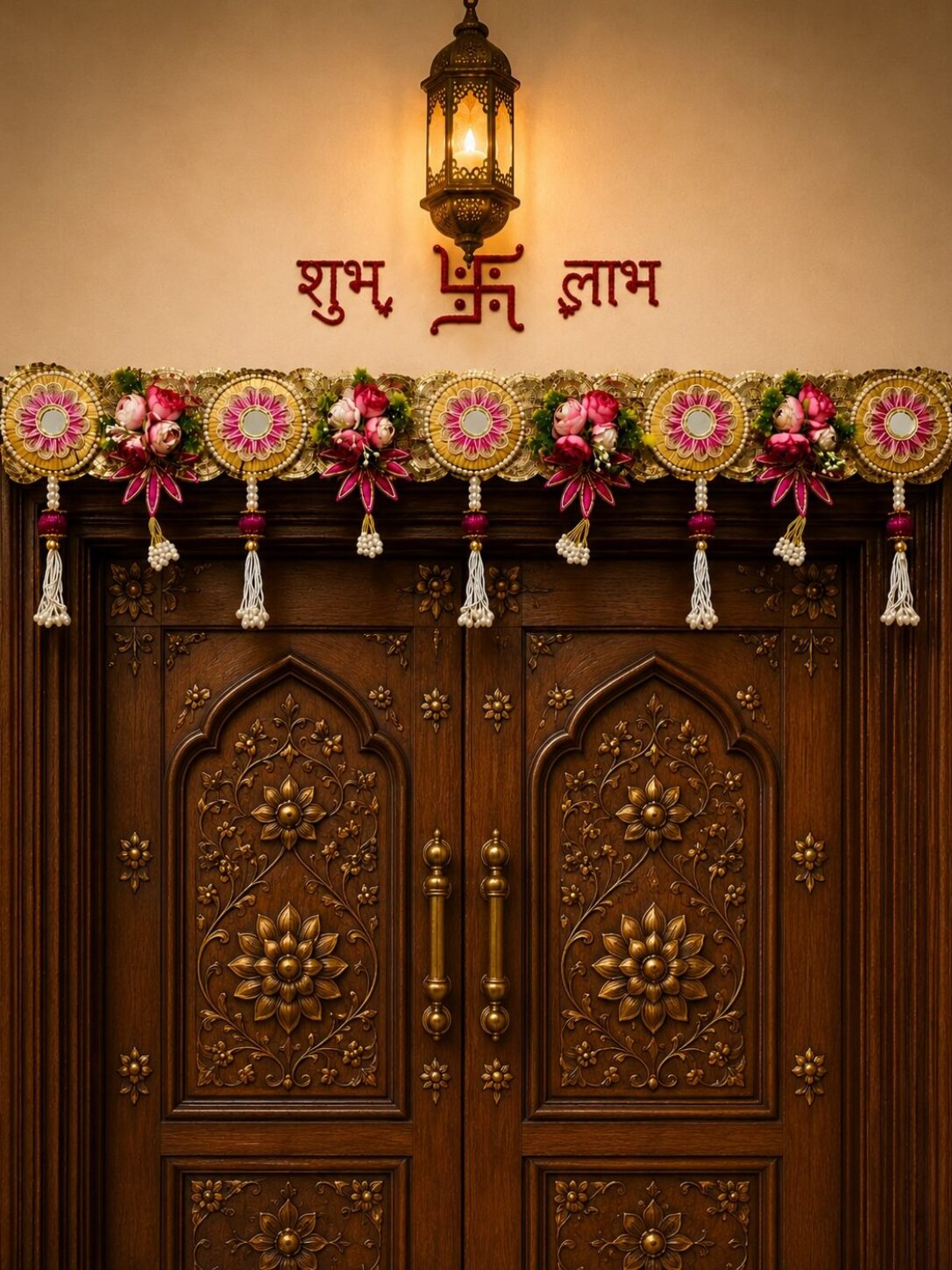 Premium Handmade Floral Bandhanwar Toran for Main Door | Decorative Door Hanging with Mirror Work & Pink Flower Design | Festive Wall Hanging (106 x 28 cm) – BW05