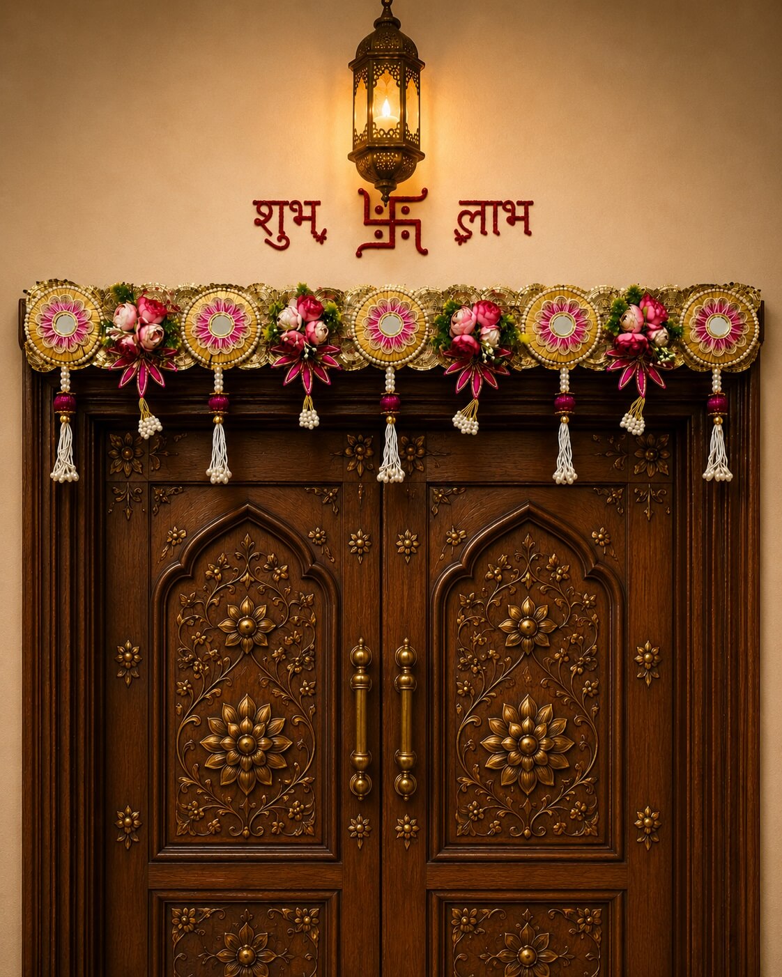 Premium Handmade Floral Bandhanwar Toran for Main Door | Decorative Door Hanging with Mirror Work & Pink Flower Design | Festive Wall Hanging (106 x 28 cm) - BW05