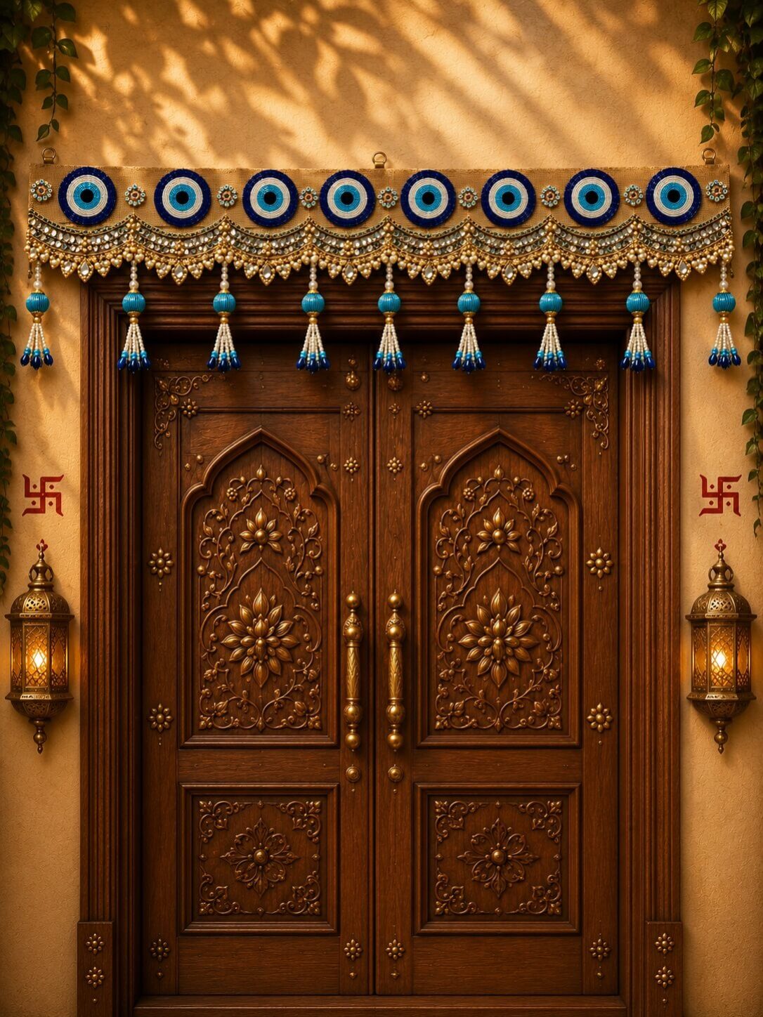 Premium Handmade Evil Eye Bandhanwar Toran for Main Door | Blue Nazar Decorative Door Hanging with Mirror Work & Pearl Tassels | Festive Wall Décor (103 x 25 cm) – BW06