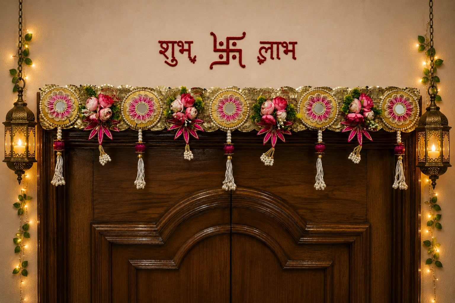 Premium Handmade Floral Bandhanwar Toran for Main Door | Decorative Door Hanging with Mirror Work & Pink Flower Design | Festive Wall Hanging (106 x 28 cm) - BW05 - Image 2