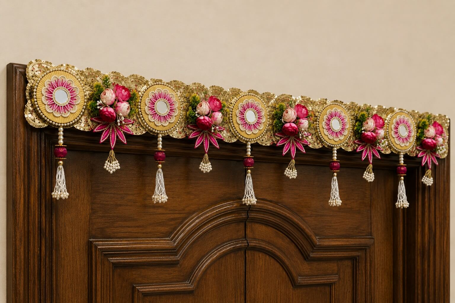 Premium Handmade Floral Bandhanwar Toran for Main Door | Decorative Door Hanging with Mirror Work & Pink Flower Design | Festive Wall Hanging (106 x 28 cm) - BW05 - Image 3
