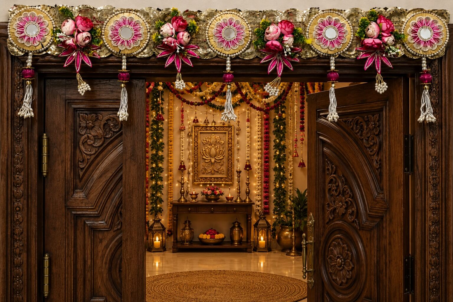Premium Handmade Floral Bandhanwar Toran for Main Door | Decorative Door Hanging with Mirror Work & Pink Flower Design | Festive Wall Hanging (106 x 28 cm) - BW05 - Image 4