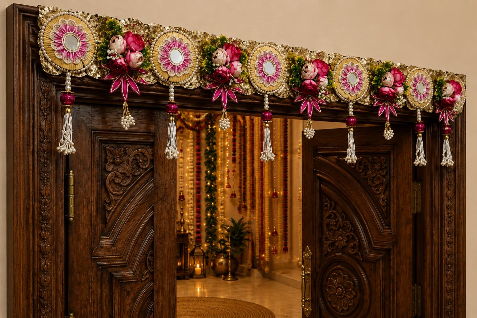 Premium Handmade Floral Bandhanwar Toran for Main Door | Decorative Door Hanging with Mirror Work & Pink Flower Design | Festive Wall Hanging (106 x 28 cm) - BW05 - Image 5