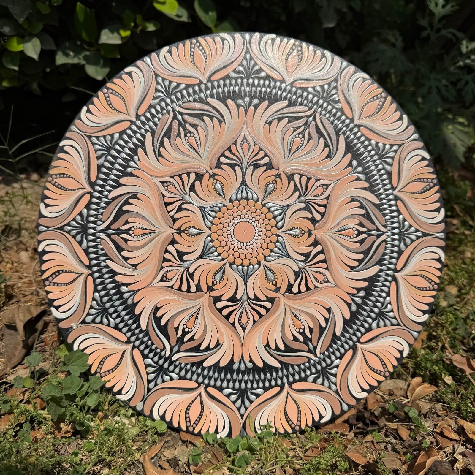 Meher #002 – Handcrafted Peach & Charcoal Mandala Wall Art | Premium Wall Décor - Image 2