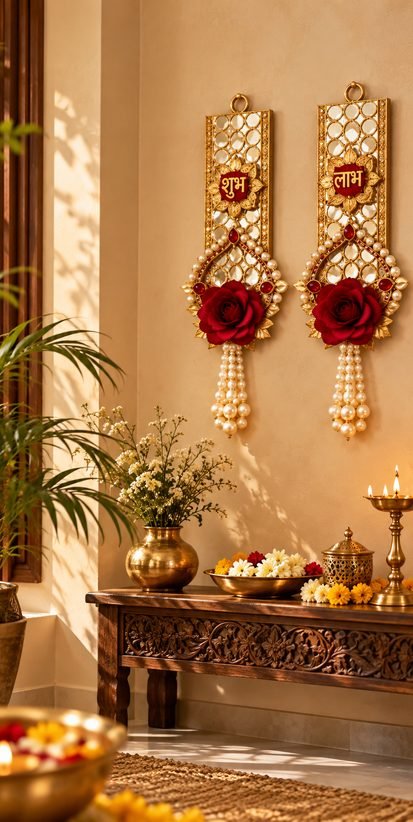 Decorative Shubh Labh wall hanging in a traditional home corner