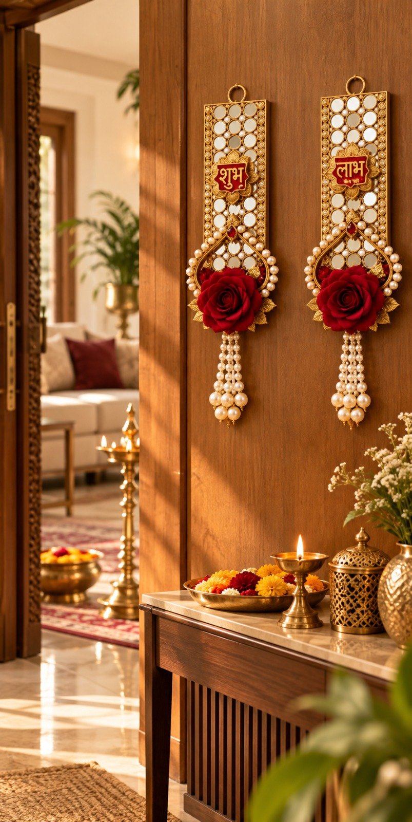 Shubh Labh wall hanging in an Indian home foyer