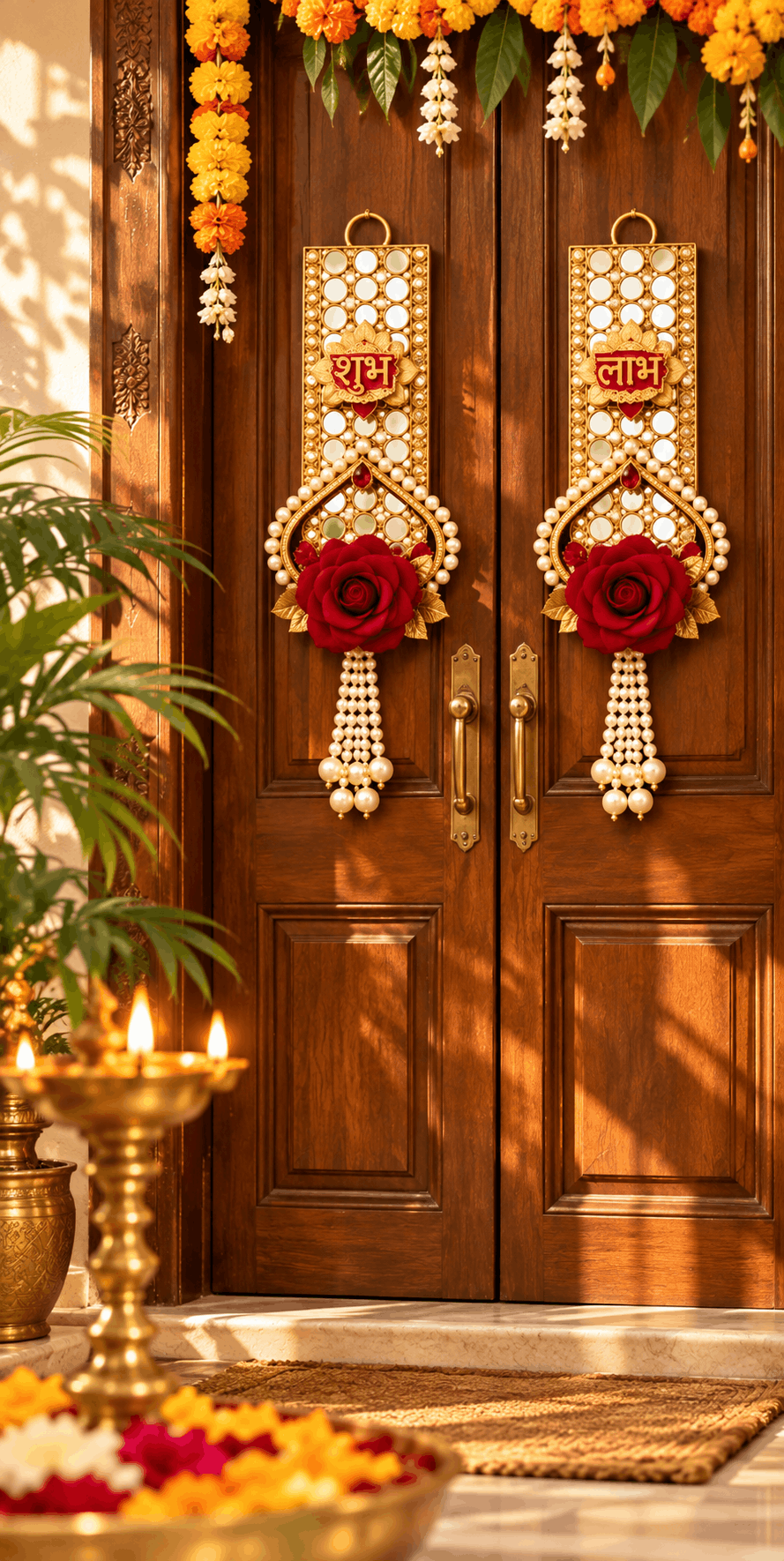 Shubh Labh wall hanging decorated at an Indian main entrance