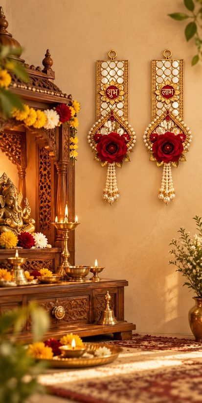 Shubh Labh wall hanging near a traditional Indian puja space